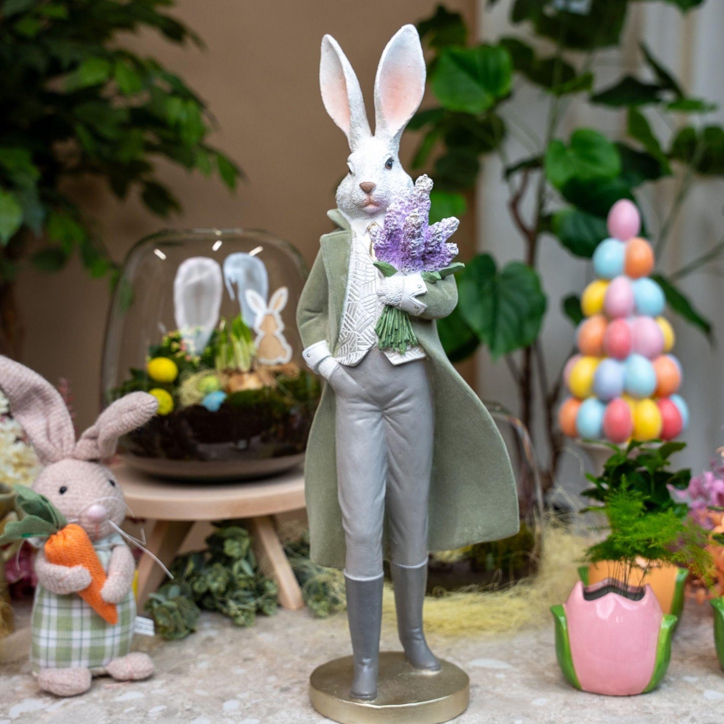 Paashaas beeldje - Haas heer met bloemen - ↑ 51 cm