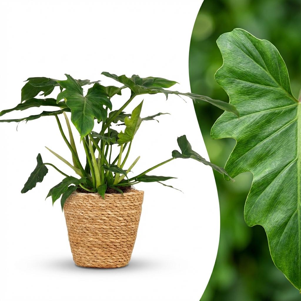 Green boutiQ - Kamerplant - Philodendron - Philodendron Lacerum - Groen - Weinig onderhoud - 1 Plant - met Mand - Pot 19cm - Hoogte 65cm