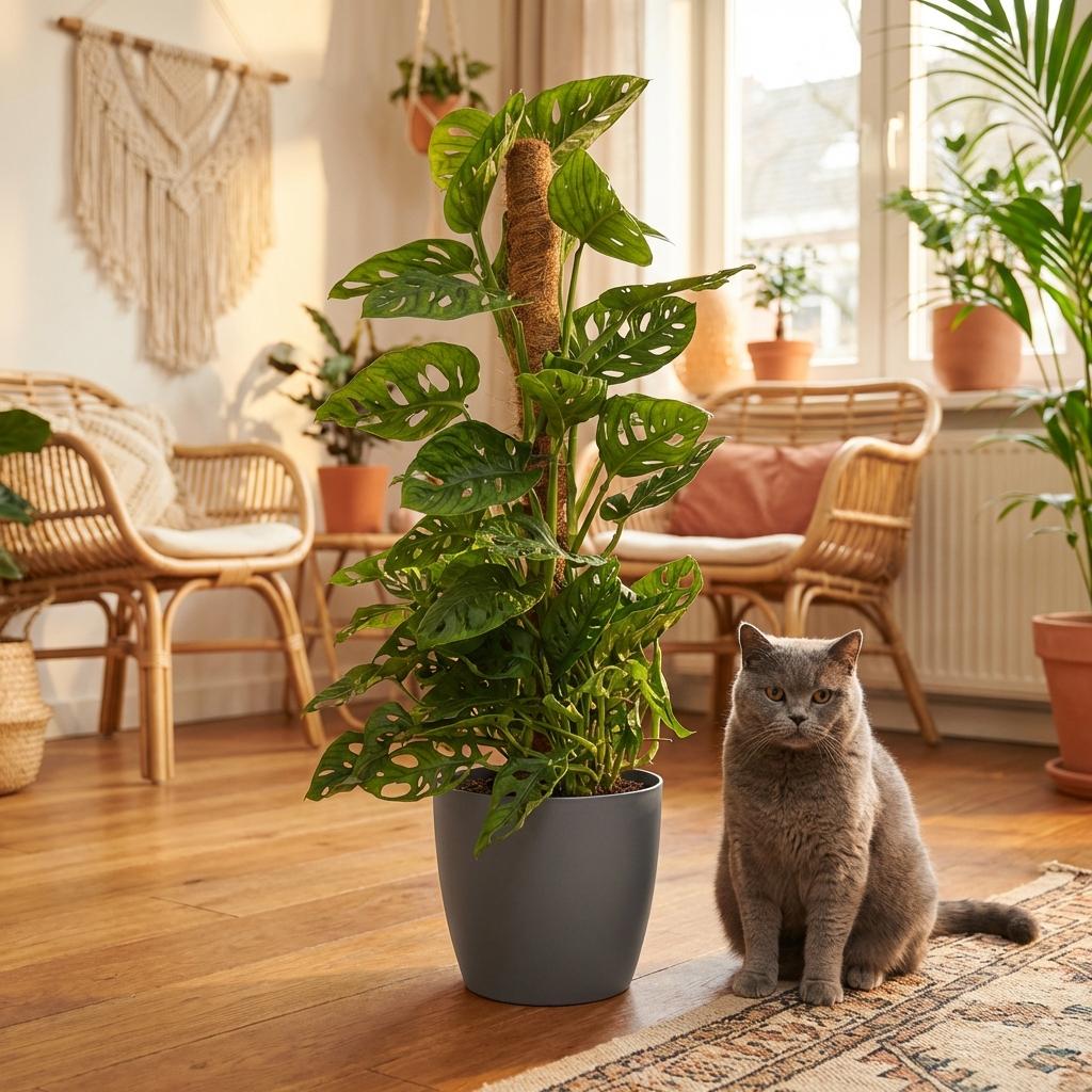 Green boutiQ - Kamerplant - Monkey Mask - Monstera Andansonii Mosstok - Groen - Weinig onderhoud - 1 Plant - met Potter Grijs - Pot 19cm - Hoogte 90cm