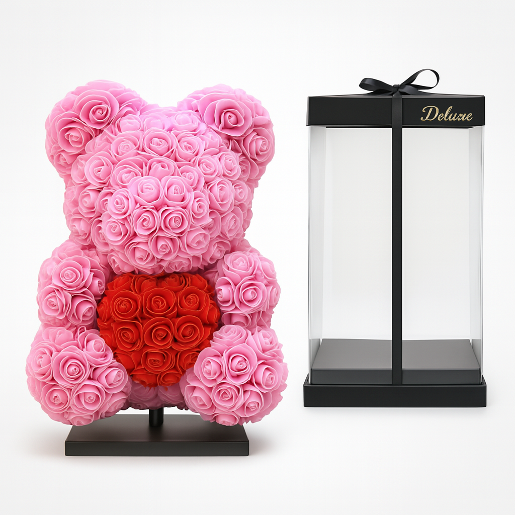 Beer DELUXE op standaard 40cm - donkerroze foam met rood hart - in luxe cadeauverpakking 40 cm
