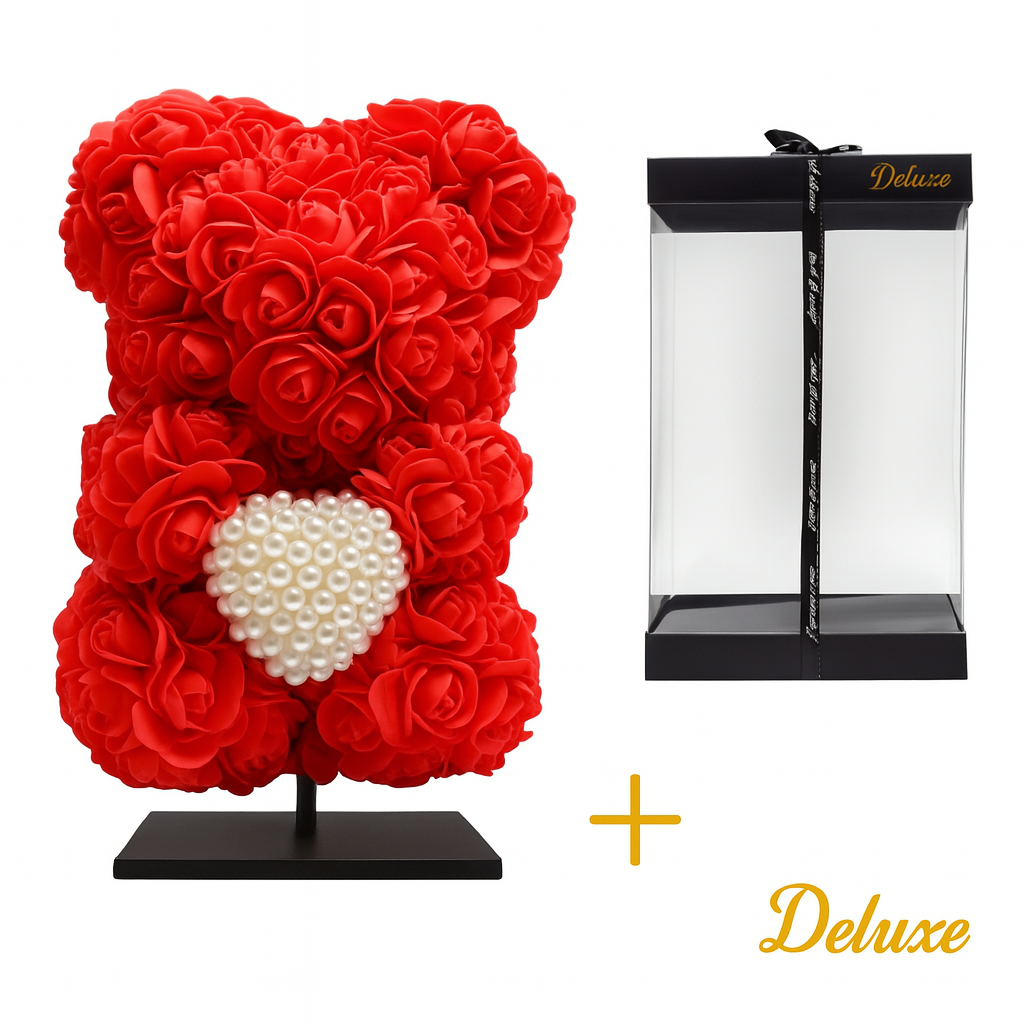 Beer DELUXE op standaard 25cm - rood foam met diamanten hart - in luxe cadeauverpakking 25 cm