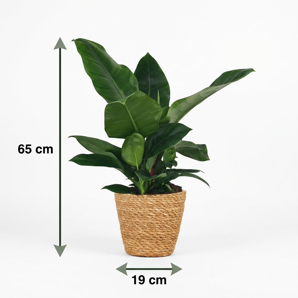 Green boutiQ - Kamerplant - Philodendron - Philodendron Imperial Green - Groen - Weinig onderhoud - 1 Plant - met Mand - Pot 19cm - Hoogte 65cm