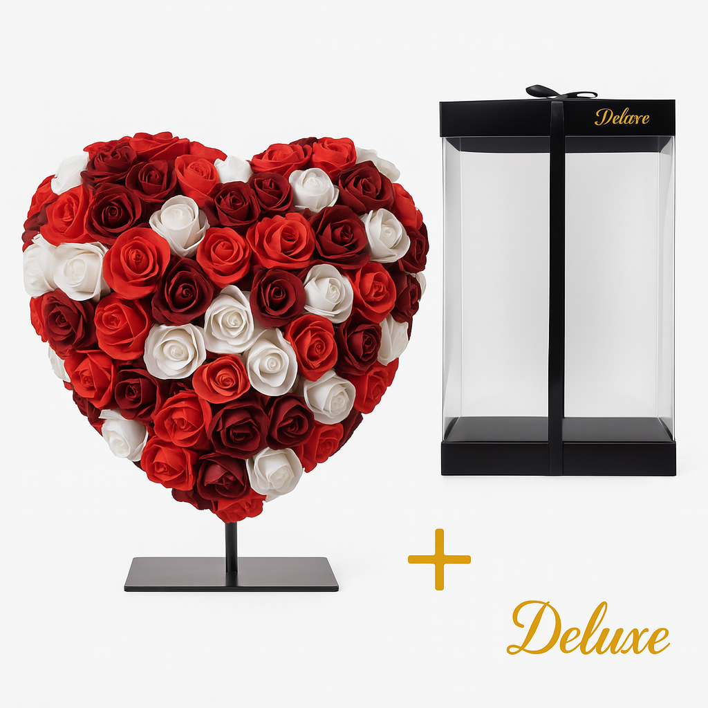 Hart DELUXE op standaard 15cm - Gemixt rood, bordeaux en wit foam - in luxe Cadeauverpakking 15 cm