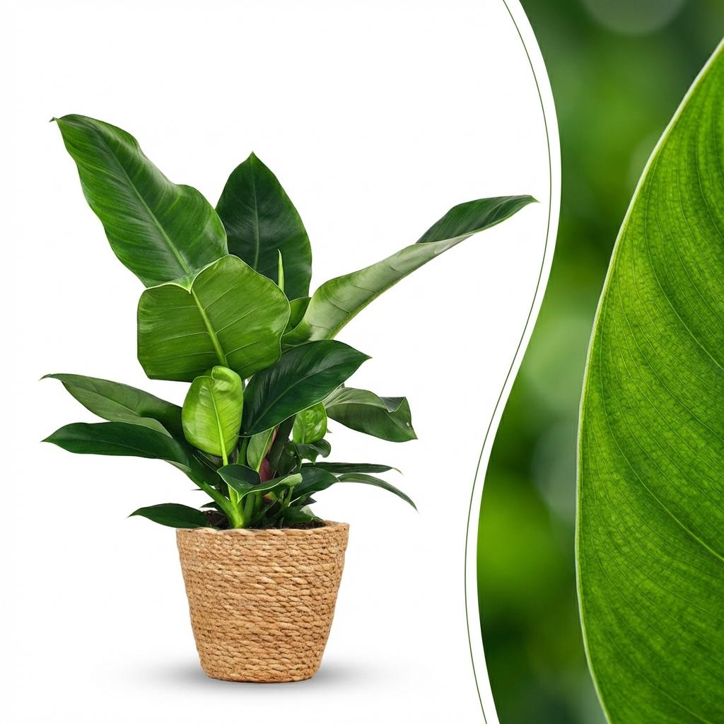 Green boutiQ - Kamerplant - Philodendron - Philodendron Imperial Green - Groen - Weinig onderhoud - 1 Plant - met Mand - Pot 19cm - Hoogte 65cm